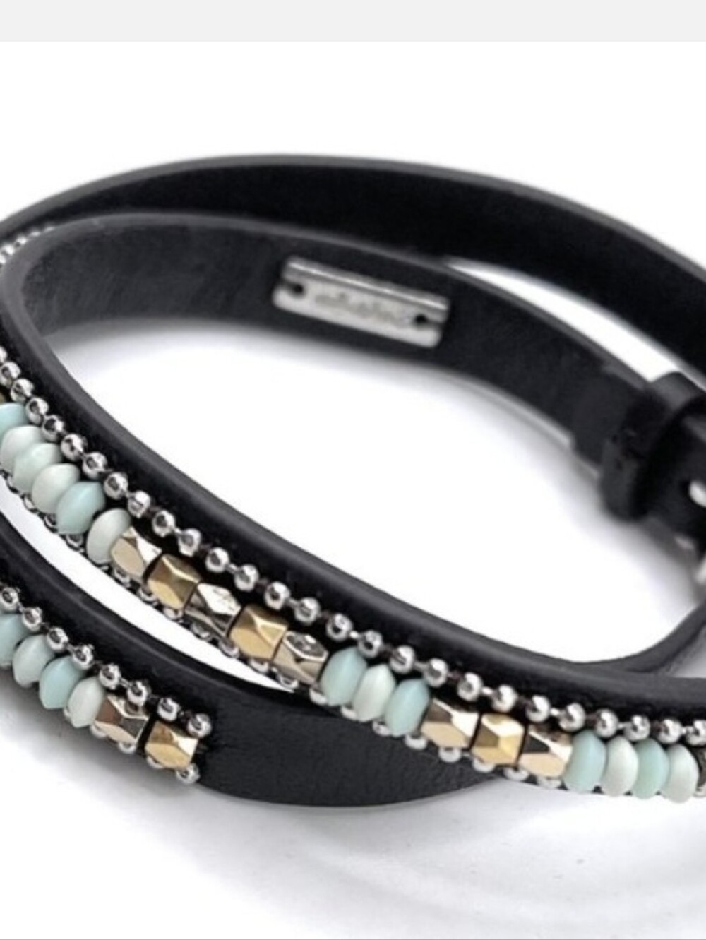 Stella & Dot Beaded Wrap Leather Bracelet Black with Mint Beads